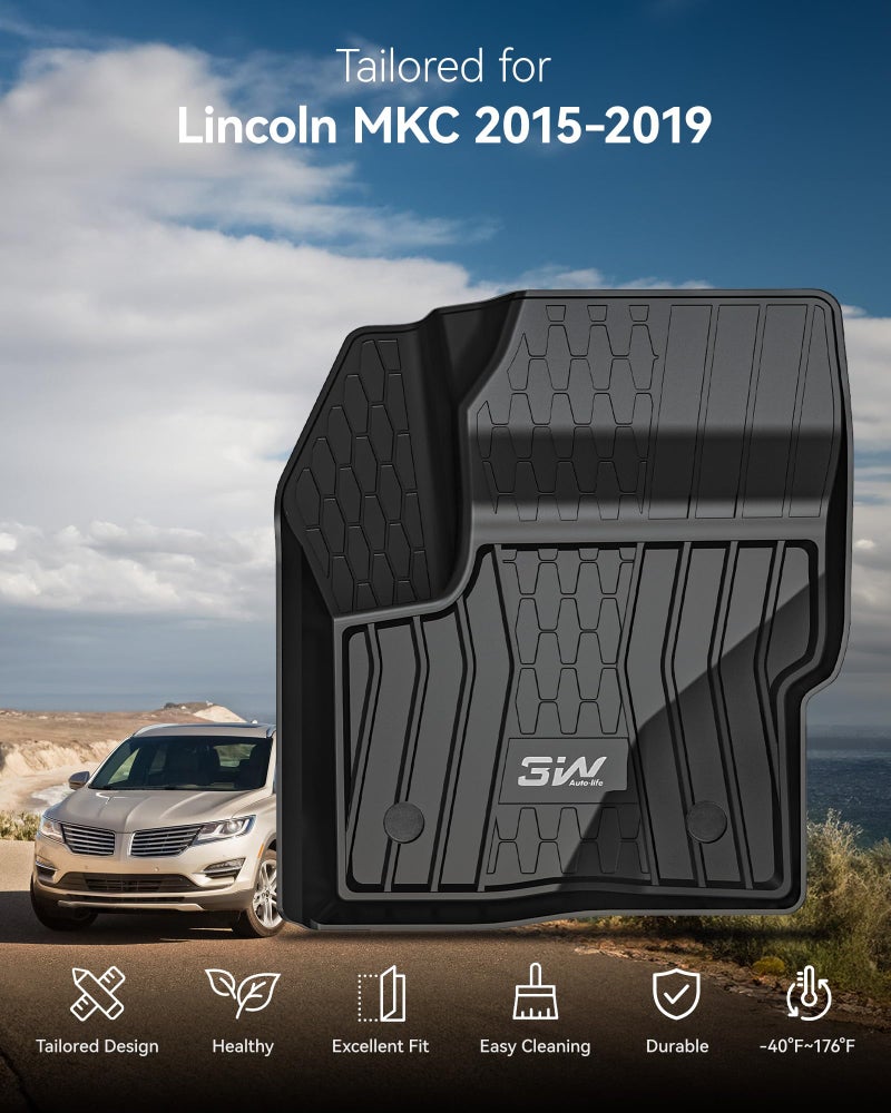 3W Floor Mats Compatible for Lincoln MKC 2015-2019, TPE All Weather Floor Liner Custom Fit 1st and 2nd Rows Full Set Car Liners - Black - Image 2